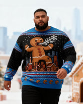 Big & Tall Men's Christmas Blue Gingerbread Man Print Crewneck Ugly Sweater